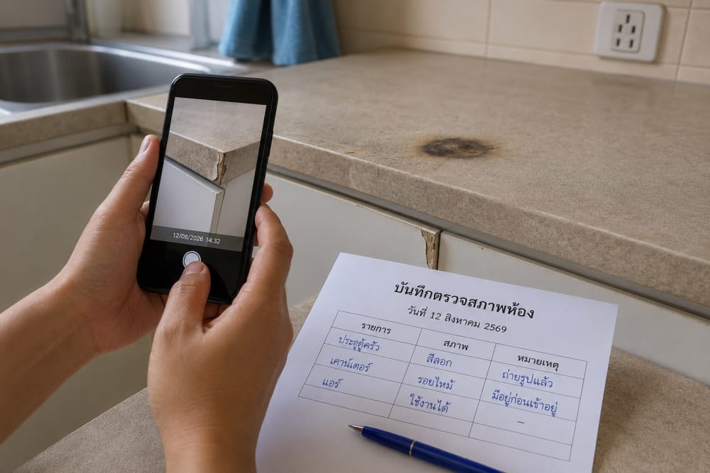 Mains photographiant avec un téléphone une porte de placard de cuisine écaillée, à côté d'une fiche d'état des lieux remplie