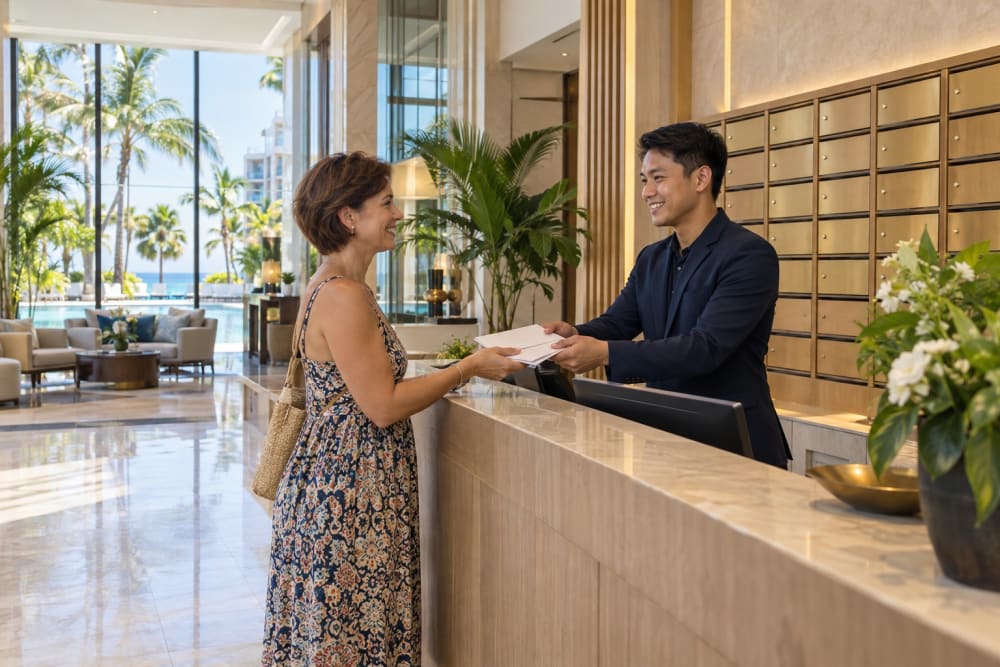 Réceptionniste remettant son courrier à une résidente dans le hall d'une résidence de Pattaya, boîtes aux lettres au mur et piscine derrière la baie vitrée