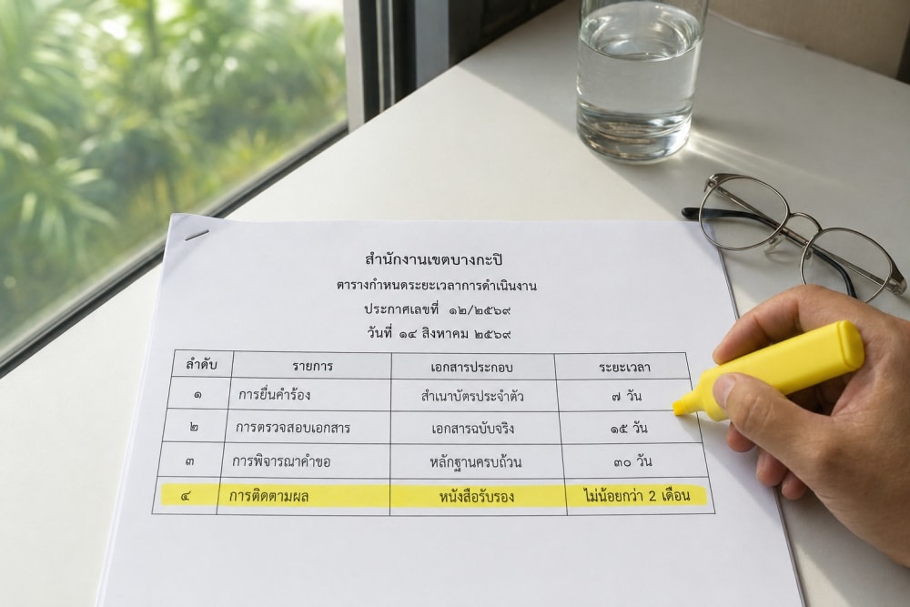 Feuille imprimée en thaï posée sur un bureau, avec un tableau de montants en bahts surligné au feutre jaune
