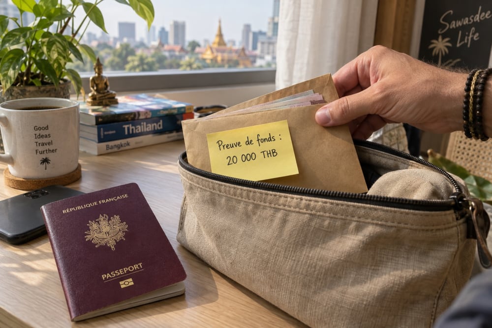 Passeport français sur un bureau près d'une fenêtre donnant sur Bangkok, et une main qui range dans une pochette de voyage une enveloppe de billets marquée d'un post-it « Preuve de fonds : 20 000 THB »