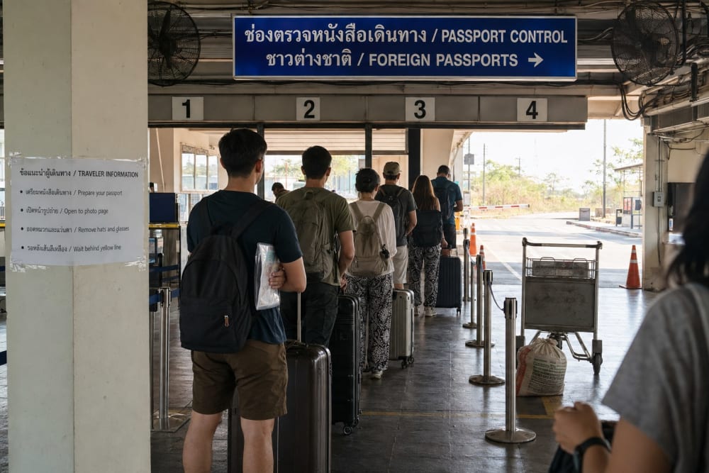 File d'attente sous l'auvent en béton d'un poste-frontière terrestre thaïlandais, voyageurs vus de dos et panneau bilingue