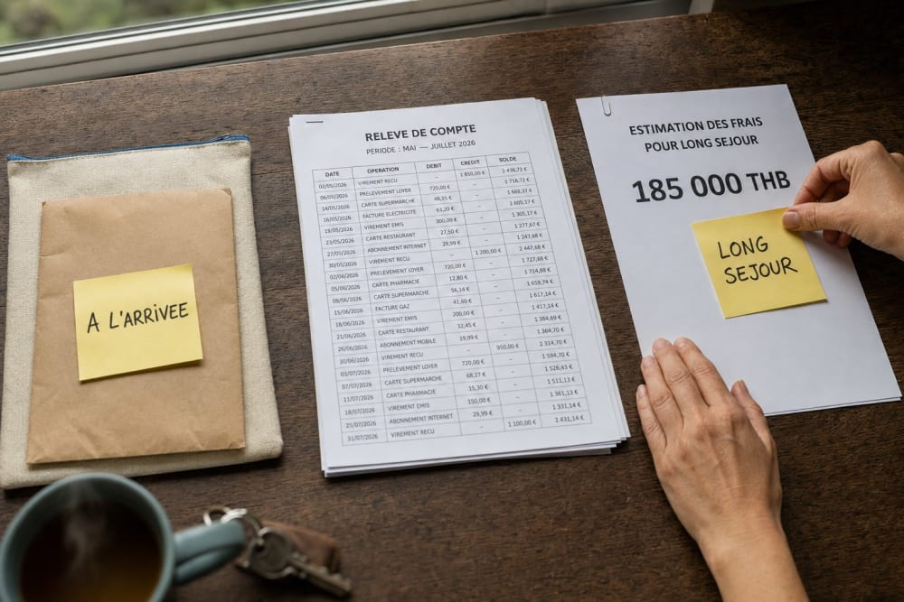 Trois piles de documents séparées sur une table en bois, chacune étiquetée par un post-it manuscrit