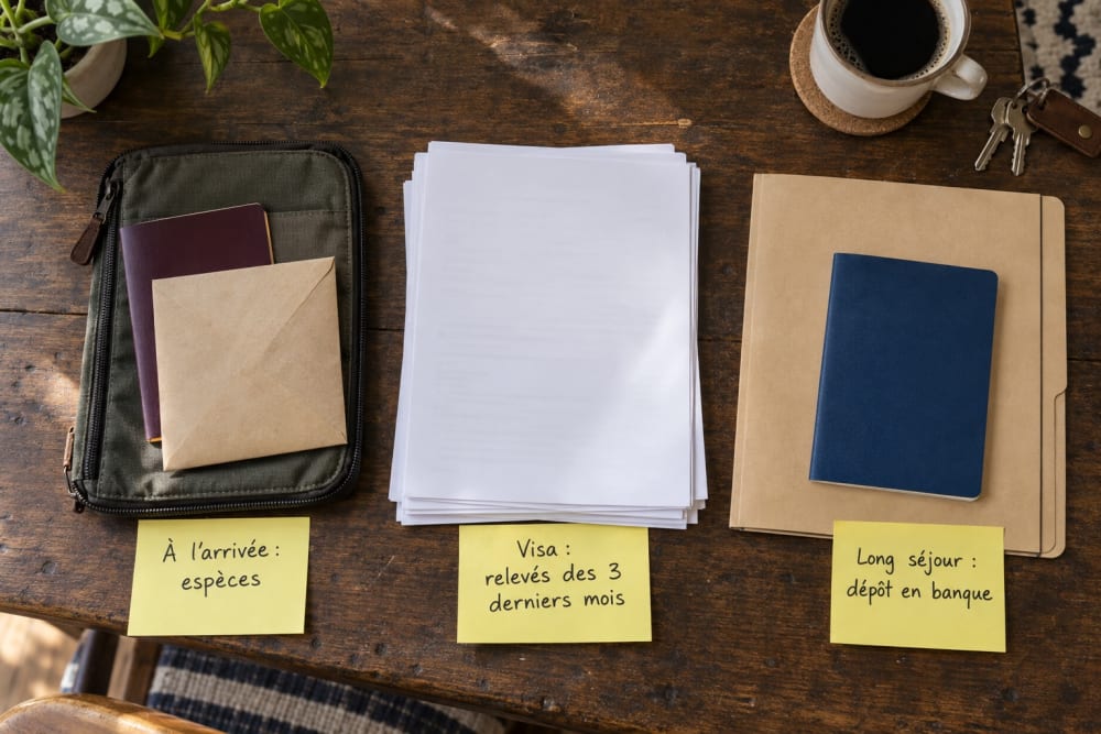 Trois piles séparées sur une table en bois, chacune avec un post-it : « À l'arrivée : espèces », « Visa : relevés des 3 derniers mois », « Long séjour : dépôt en banque »