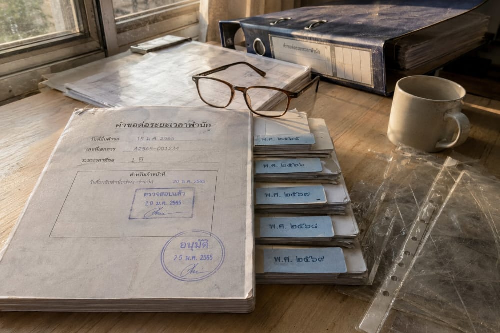 Classeur ouvert et liasses de photocopies sur une table, intercalaires annotés en thaï année par année