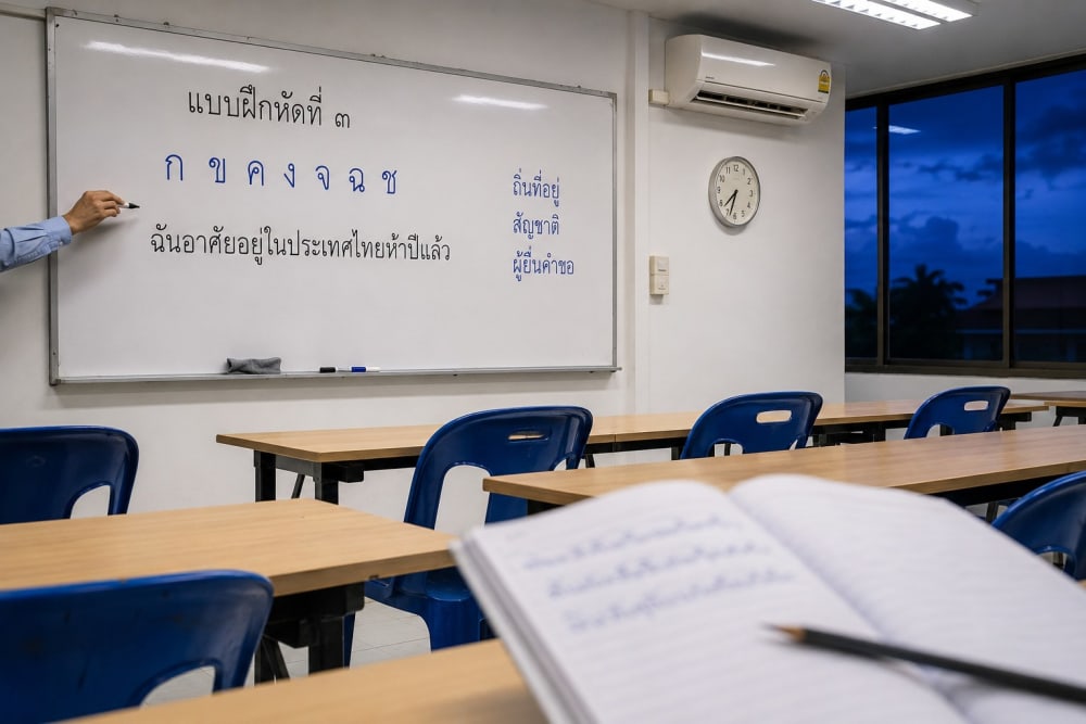 Tableau blanc d'une salle de cours du soir couvert d'exercices d'écriture thaïe, cahier ouvert au premier plan