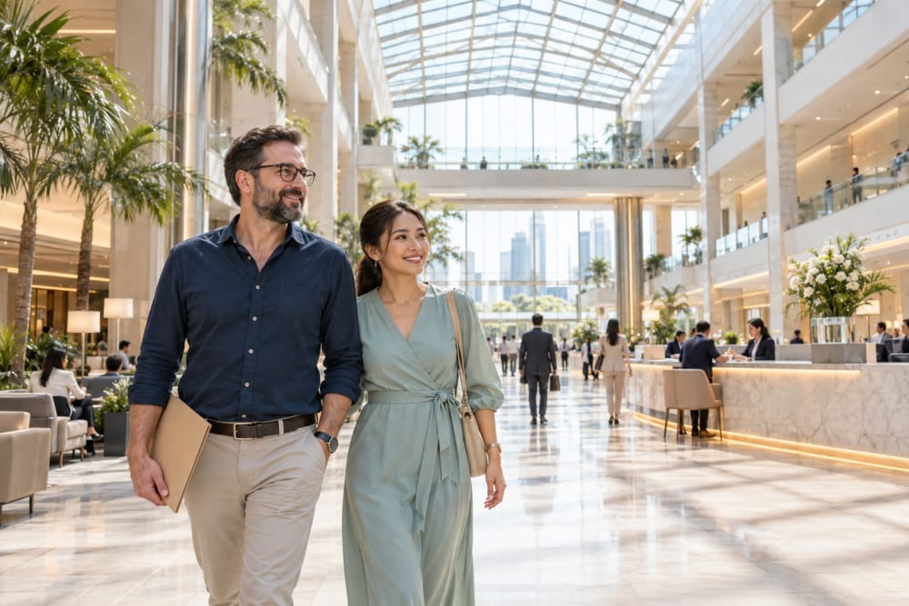 Couple, un Européen et son épouse thaïlandaise, traversant avec un dossier le hall sous verrière d'un complexe administratif de Bangkok