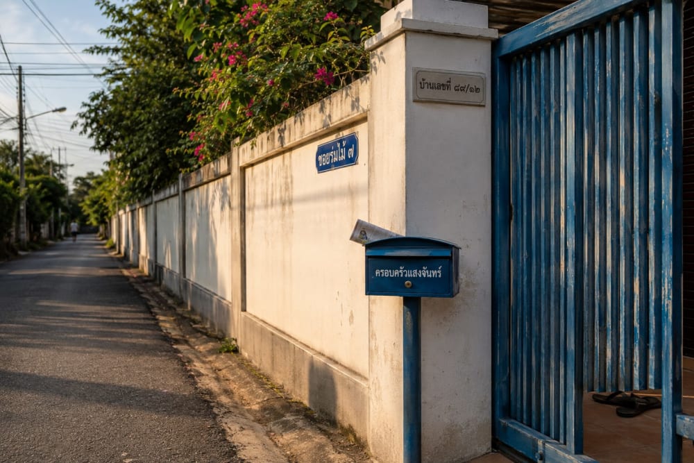Portail fermé et plaque de numéro en thaï devant une maison, dans une rue résidentielle thaïlandaise en fin d'après-midi