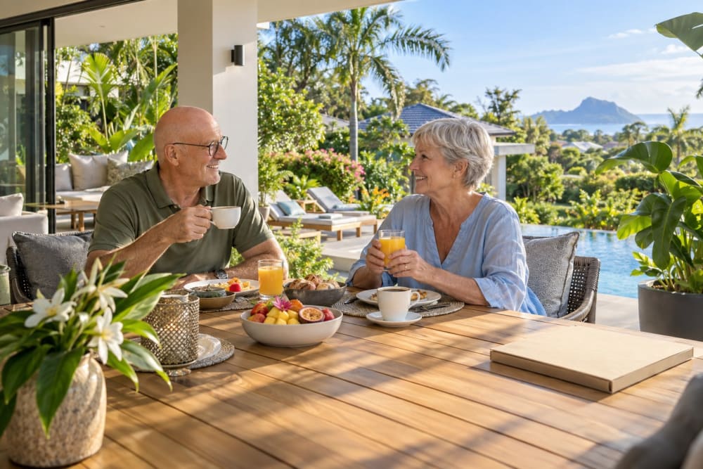 Couple de retraités européens prenant le petit-déjeuner sur la terrasse d'une maison de Hua Hin, jardin tropical et piscine