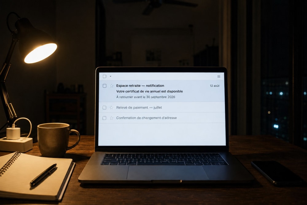 Ordinateur portable le soir affichant un e-mail non lu annonçant la mise à disposition du certificat de vie