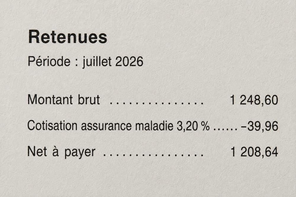 Gros plan sur les lignes de retenues d'un relevé de pension, cotisation d'assurance maladie de 3,20 %