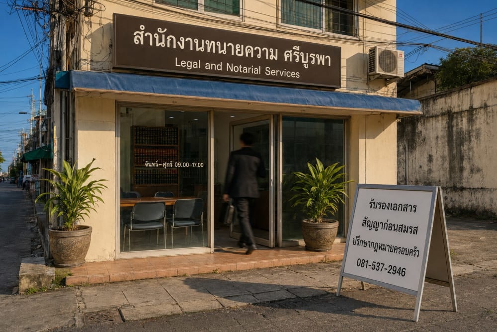 Façade d'un cabinet d'avocat thaïlandais avec enseigne en thaï et panneau trottoir, en fin d'après-midi