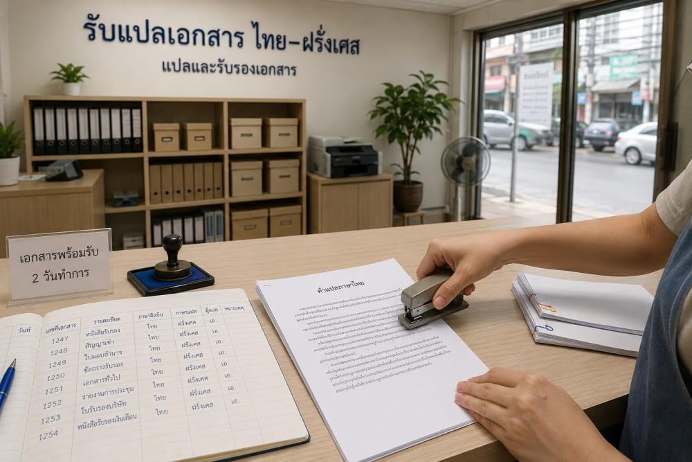 Mains agrafant une traduction en thaï à un document français dans une boutique de traduction thaïlandaise