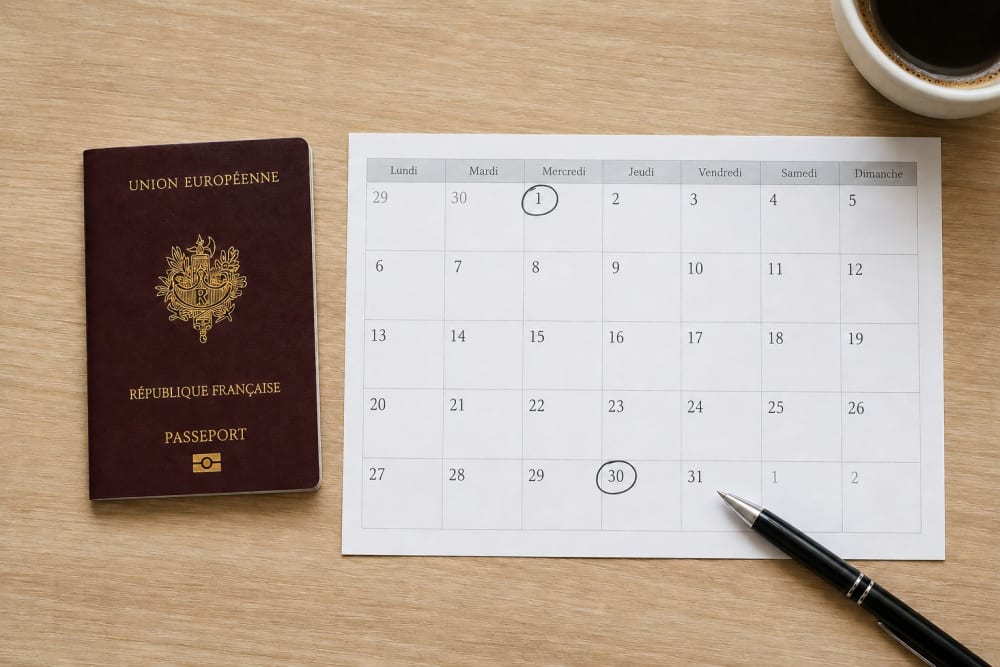 Passeport français posé à côté d'un calendrier où le 1er et le 30 du mois sont entourés au stylo