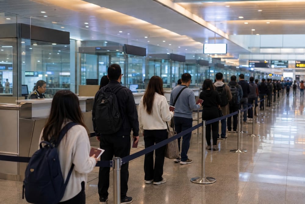 File de voyageurs passeport en main devant les guichets d'immigration d'un aéroport