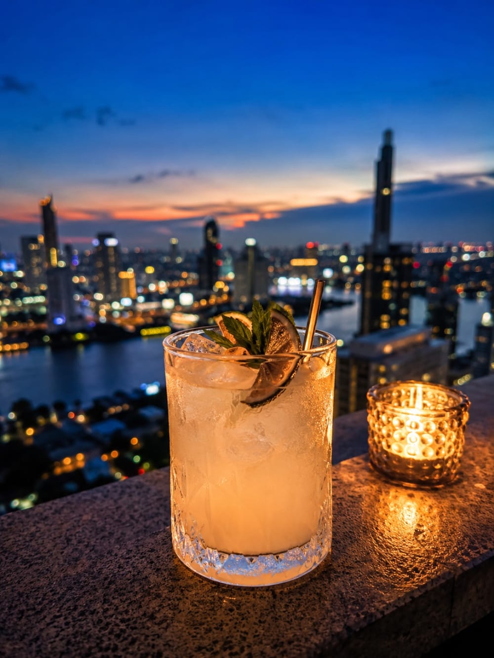 Terrasse de rooftop bar à Bangkok au crépuscule, comptoir et assises lounge éclairés face à la skyline illuminée de la ville