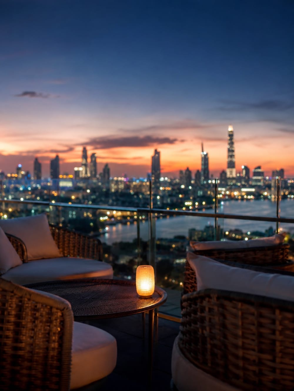Coin lounge d'un rooftop bar à Bangkok à l'heure bleue, fauteuils en rotin et lumière chaude, skyline illuminée en arrière-plan