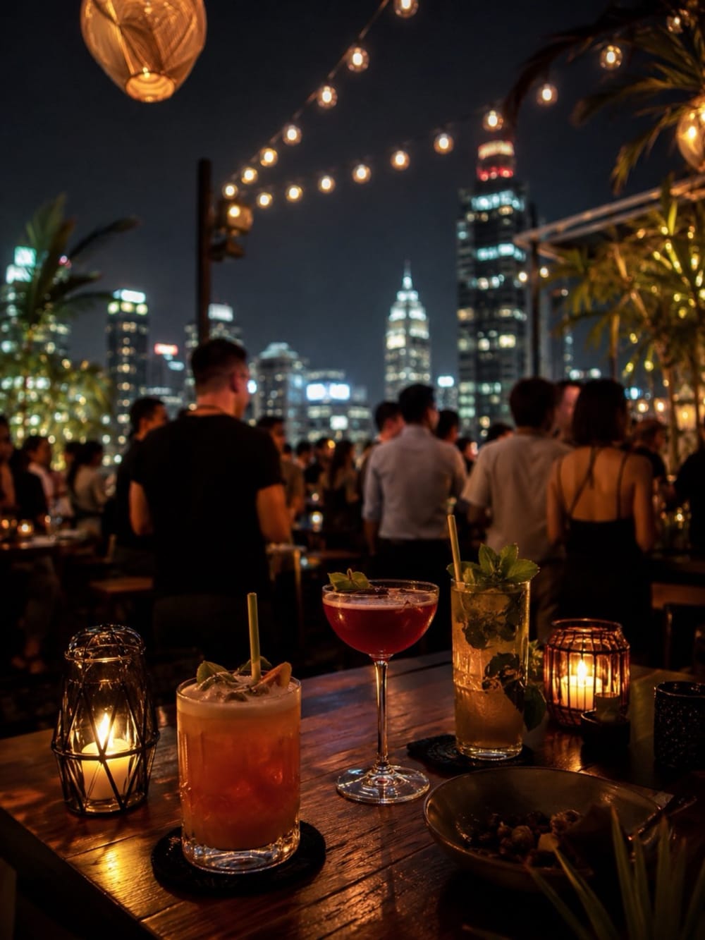 Foule sur une piste de danse dans un club de Bangkok, jeux de lumière colorés et DJ en arrière-plan