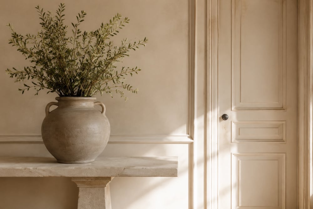 Mur intérieur et boiseries peints dans une teinte crème, vase en terre cuite sur console en pierre