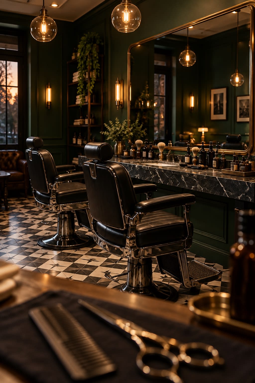 Intérieur du salon : deux fauteuils de barbier en cuir noir devant un miroir en laiton, murs vert profond et sol en carreaux de ciment.