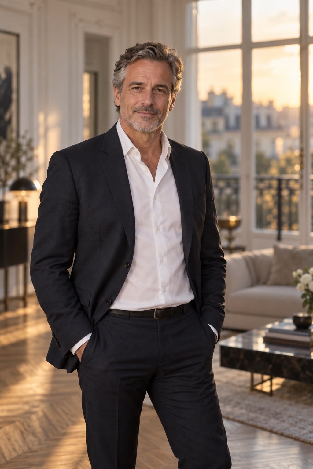 Le responsable de l'agence, dans un séjour aux grandes fenêtres.