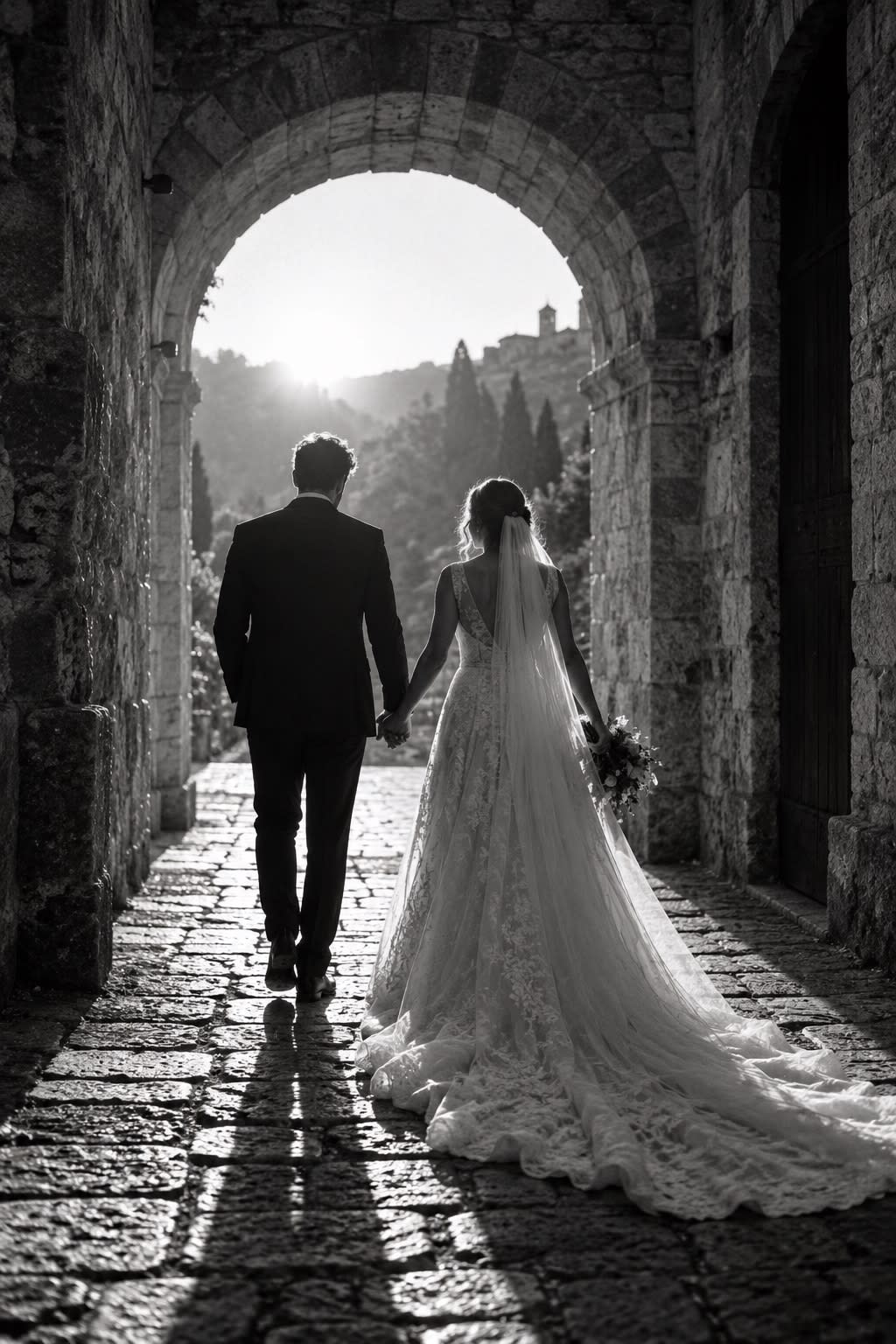Couple de mariés vu de dos sous une arcade de pierre, en contre-jour, noir et blanc.