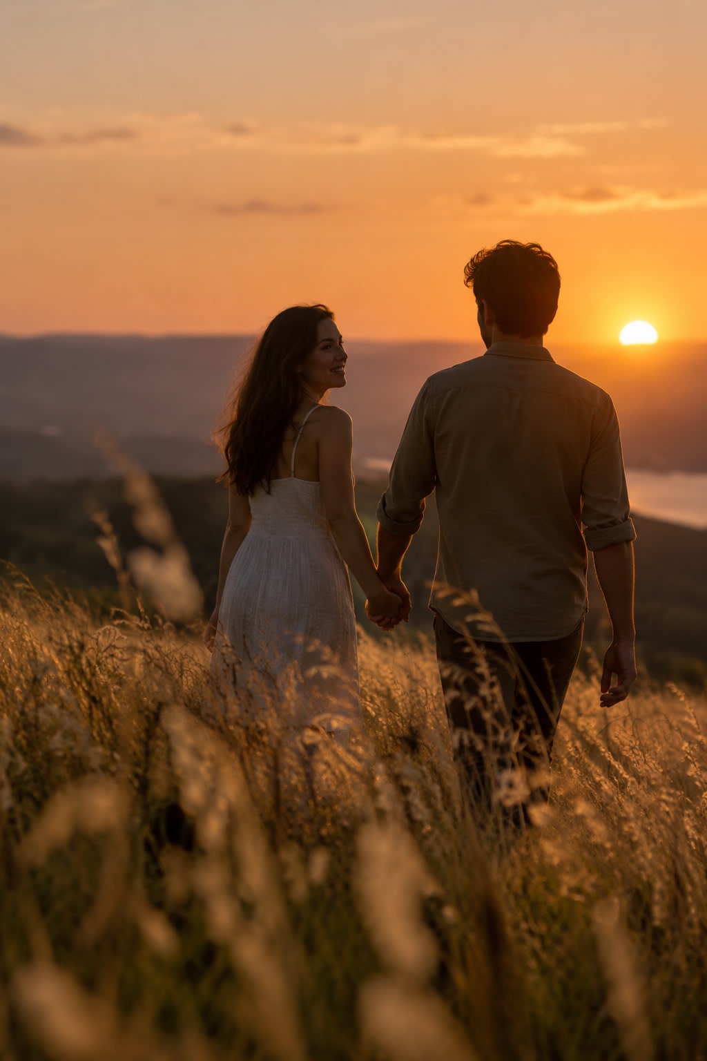 Couple marchant dans un champ d'herbes hautes au coucher du soleil.