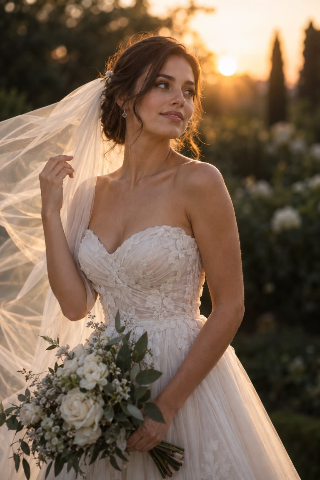 Portrait de la mariée au crépuscule, le voile soulevé par le vent.