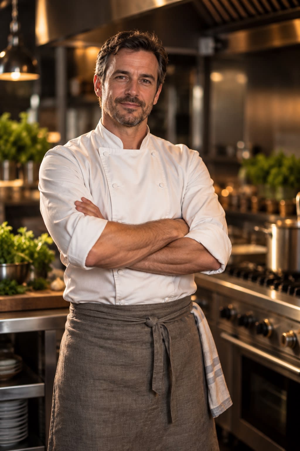 Le chef en cuisine, veste écrue et tablier de lin.