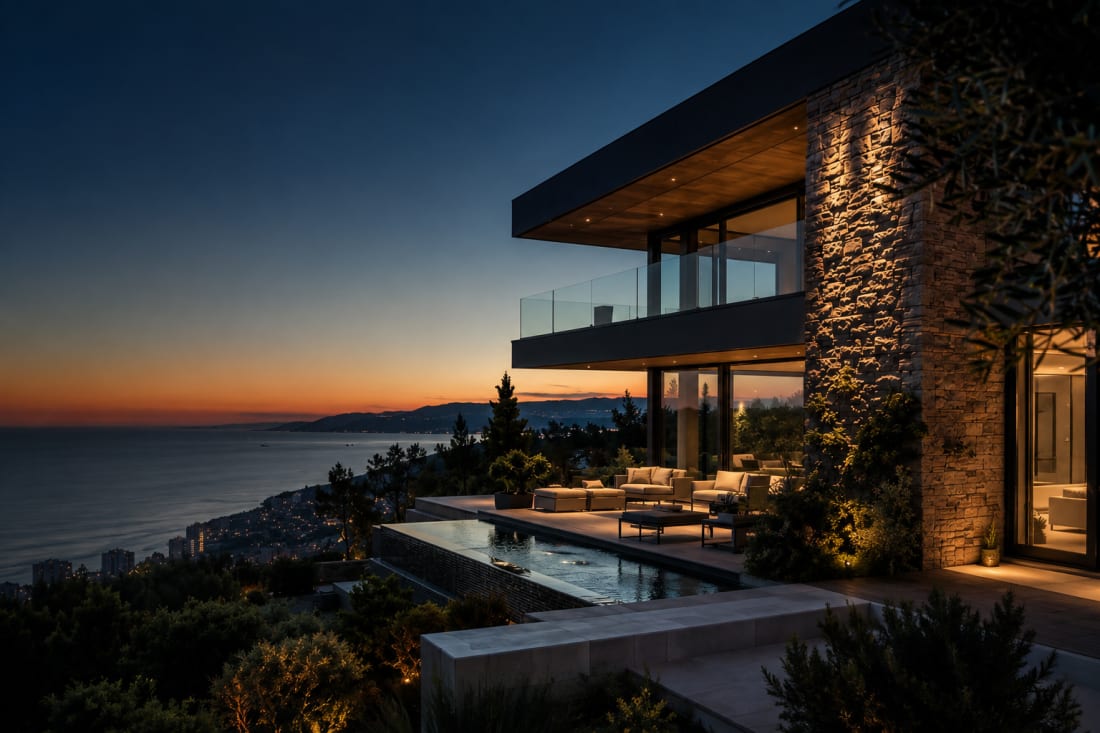 Image d'accueil du modèle Altaïs Immobilier : villa contemporaine en pierre et verre à la tombée de la nuit, terrasse éclairée et bassin en longueur ouverts sur la mer et sur une baie illuminée en contrebas.