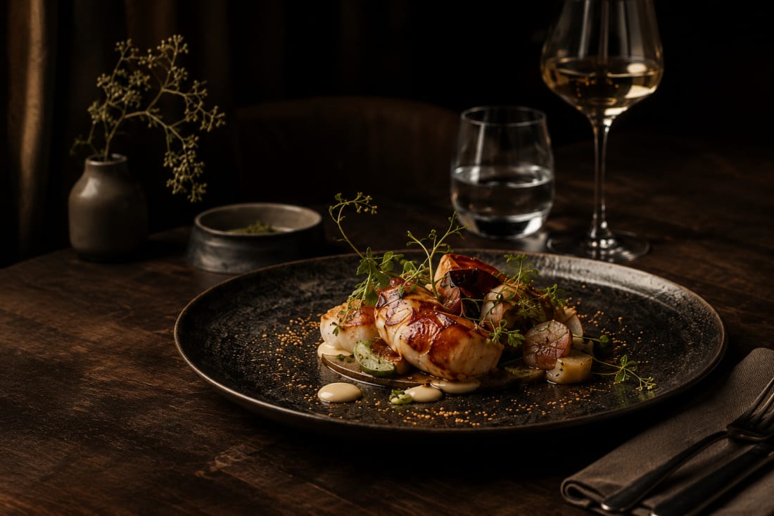 Image d'accueil du modèle Maison Sépia : filet de poisson doré posé sur des quartiers de fenouil rôti et un jus clair, herbes fraîches et petites fleurs jaunes, dans une assiette de grès beige sur une table sombre.