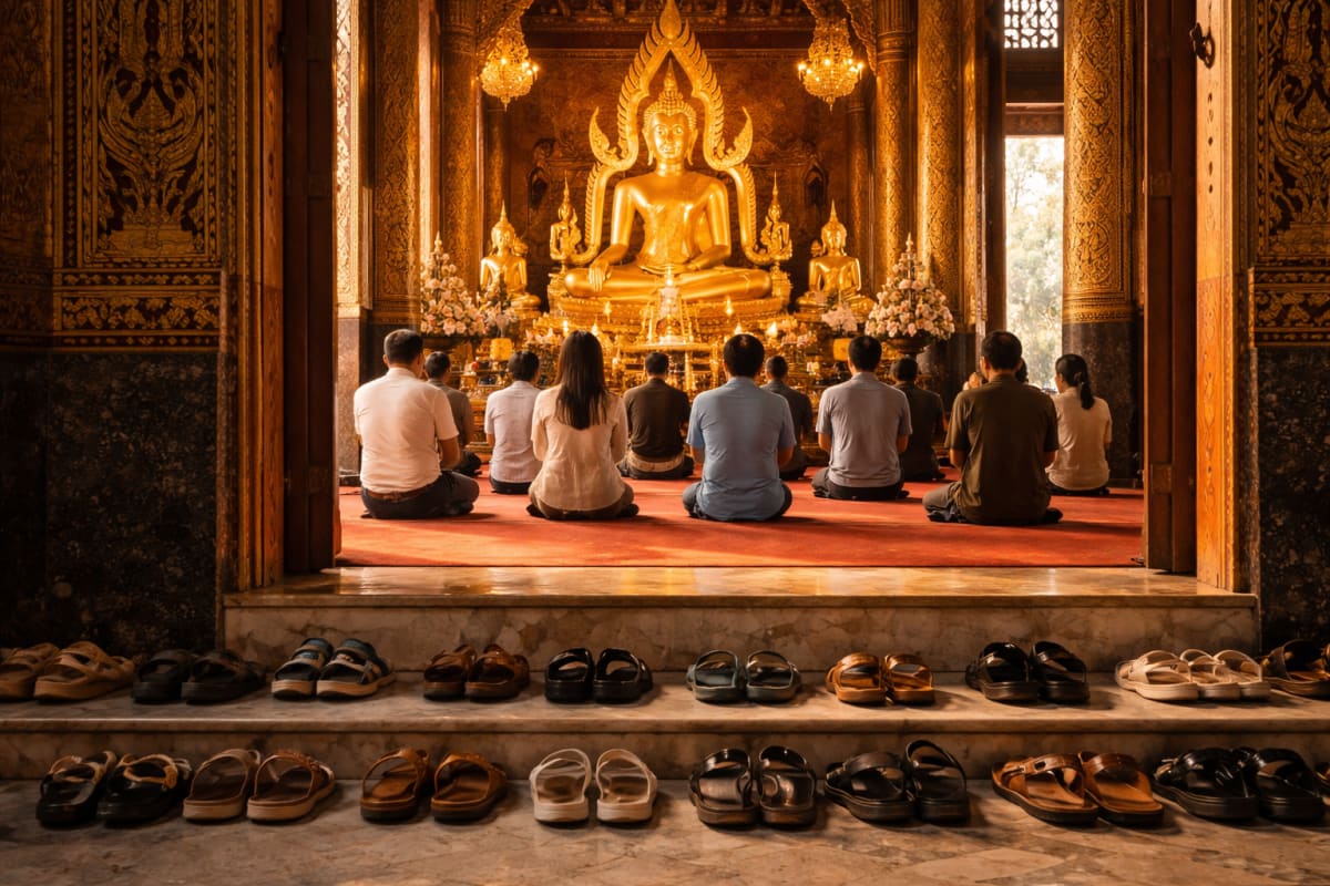 Chaussures retirées à l'entrée d'un temple bouddhiste en Thaïlande