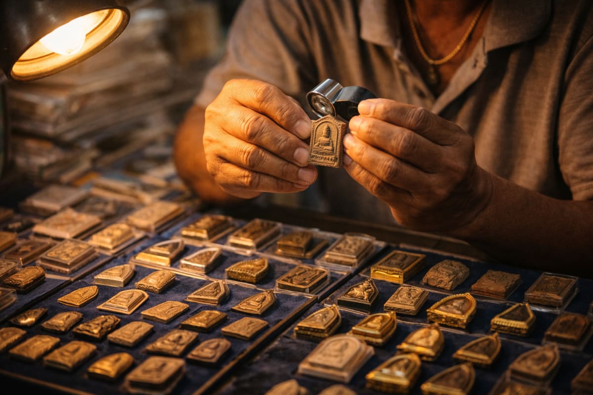Vendeur d'amulettes bouddhistes au marché Tha Phra Chan à Bangkok
