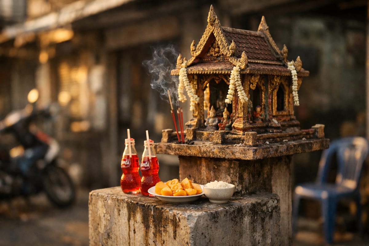 Maison des esprits (san phra phum) avec offrandes et Fanta rouge en Thaïlande