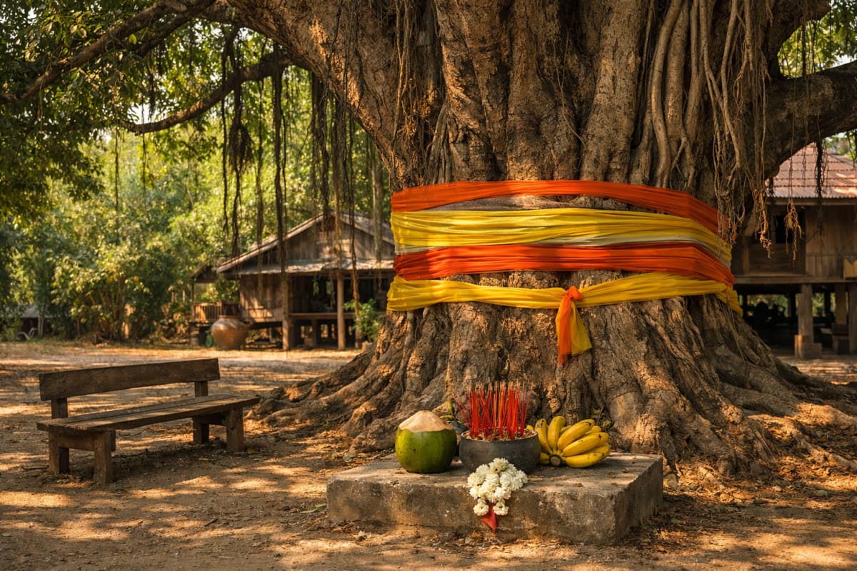 Arbre sacré enveloppé de tissus colorés dans un village thaïlandais