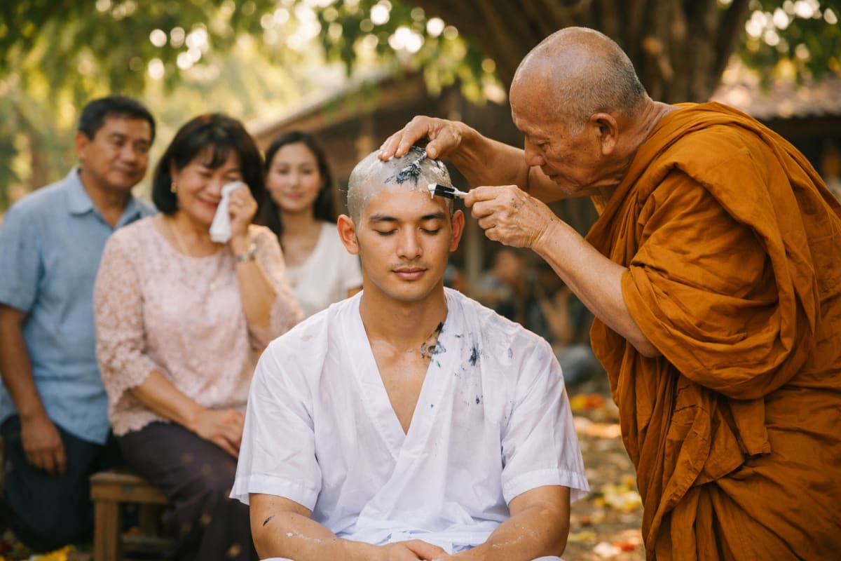 Cérémonie d'ordination bouddhiste dans un temple thaïlandais