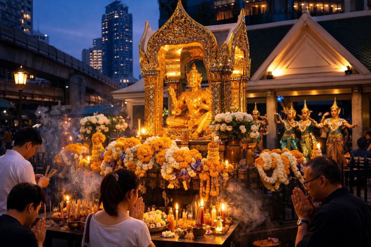 Sanctuaire d'Erawan à Bangkok, symbole du syncrétisme spirituel thaïlandais
