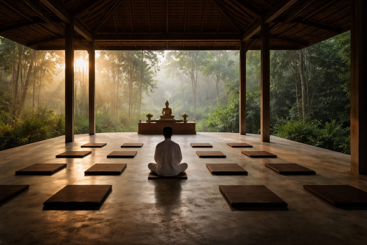 Salle de méditation dans un monastère de forêt en Thaïlande à l'aube