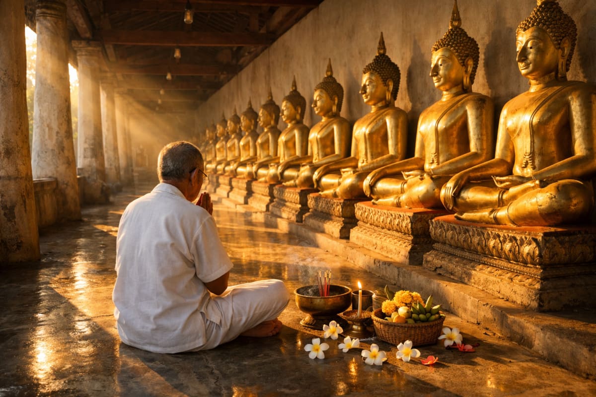 Méditation matinale devant les Bouddhas dorés dans un temple thaïlandais