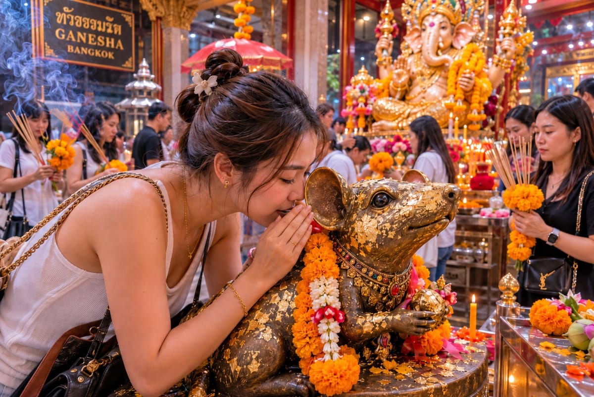 Fidèle chuchotant son vœu à l'oreille du rat Mushika au sanctuaire Ganesh de Huai Khwang à Bangkok