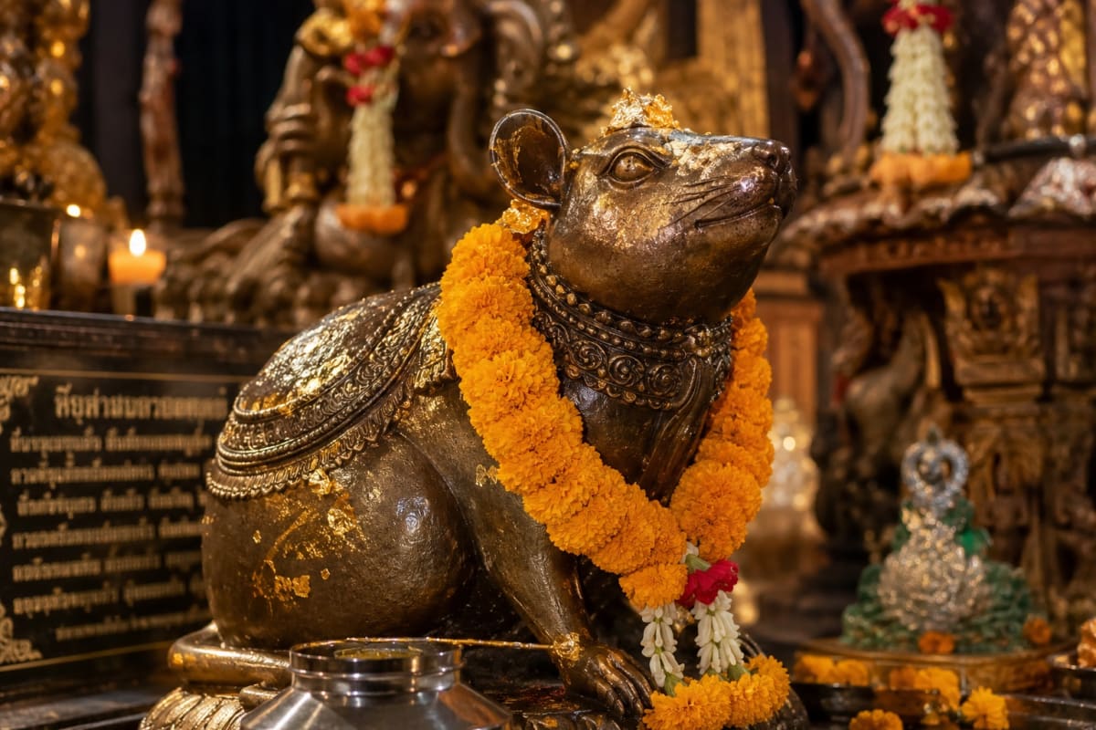 Statue du rat Mushika, monture de Ganesh, ornée d'une guirlande de soucis dans un sanctuaire