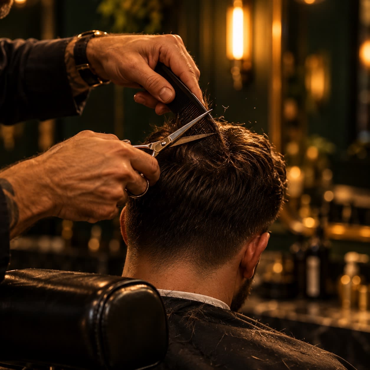 Coupe aux ciseaux : les mains du barbier relèvent une mèche au peigne.
