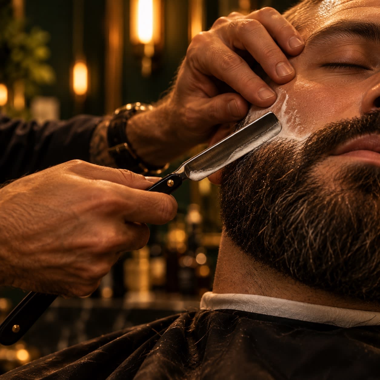 Taille de barbe au rasoir droit, le long de la joue.