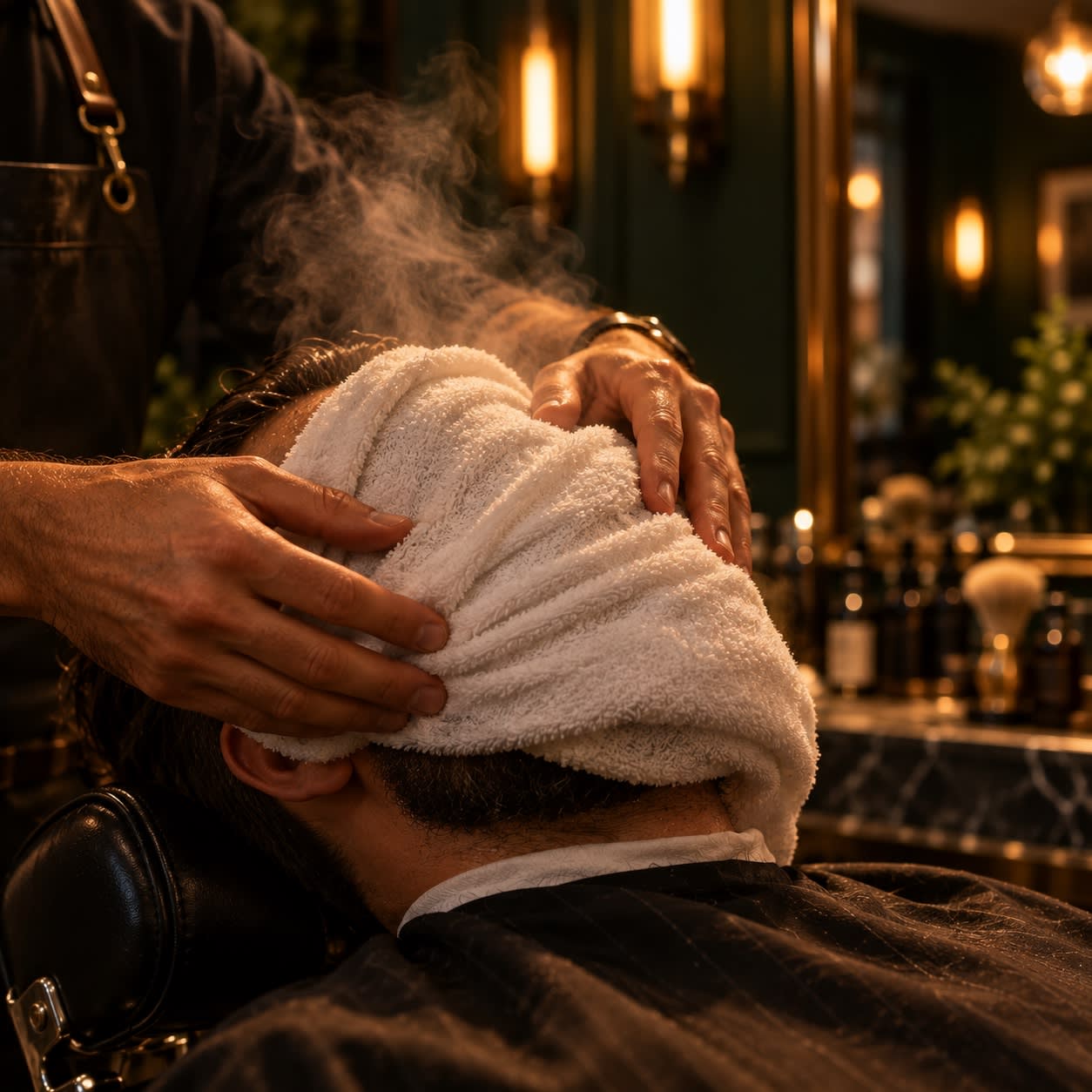 Serviette chaude posée sur le visage d'un client, la vapeur monte dans la lumière.