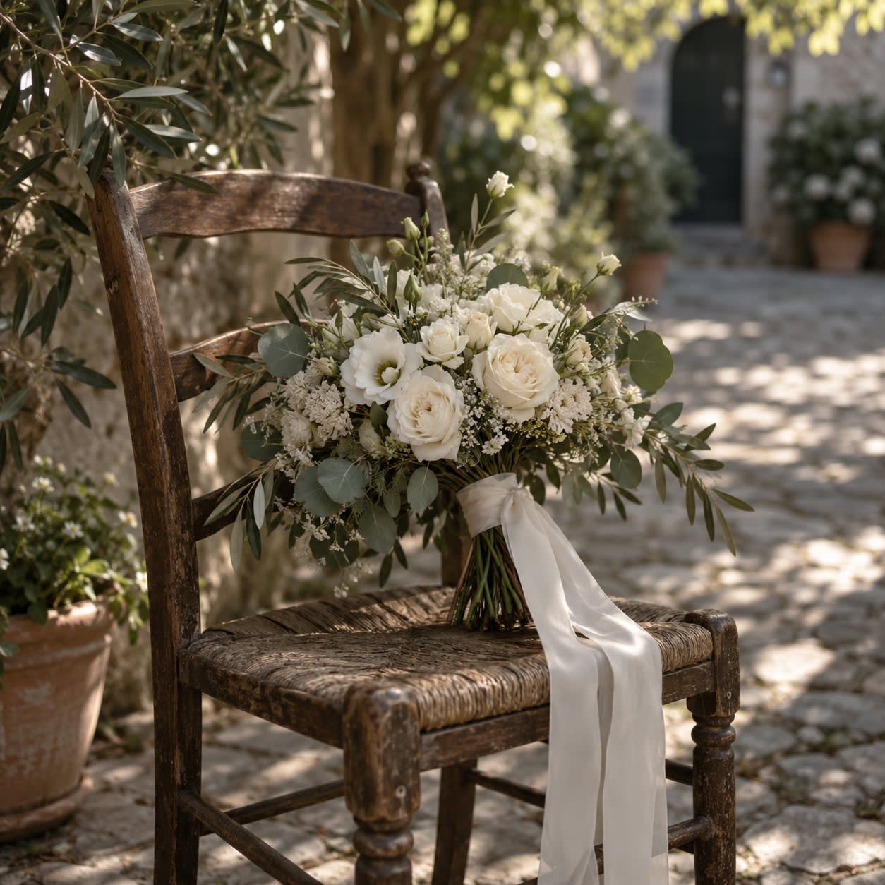 Le bouquet posé sur une chaise en bois, dans une cour ombragée.