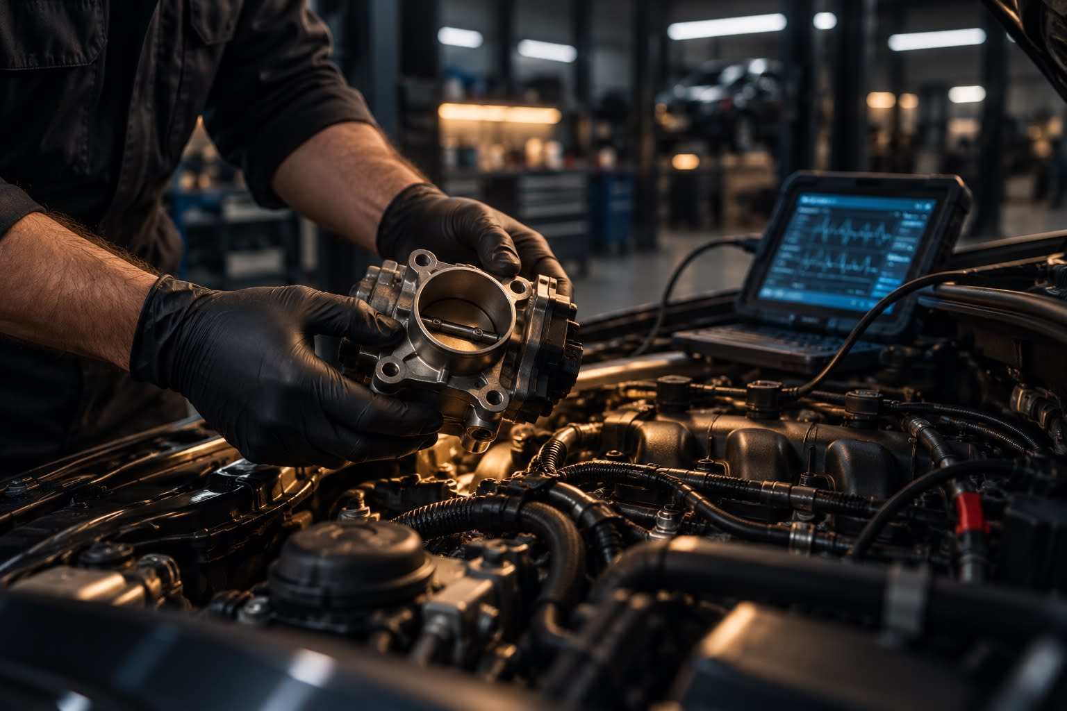 Réparation : moteur ouvert, mains gantées et valise de diagnostic branchée.