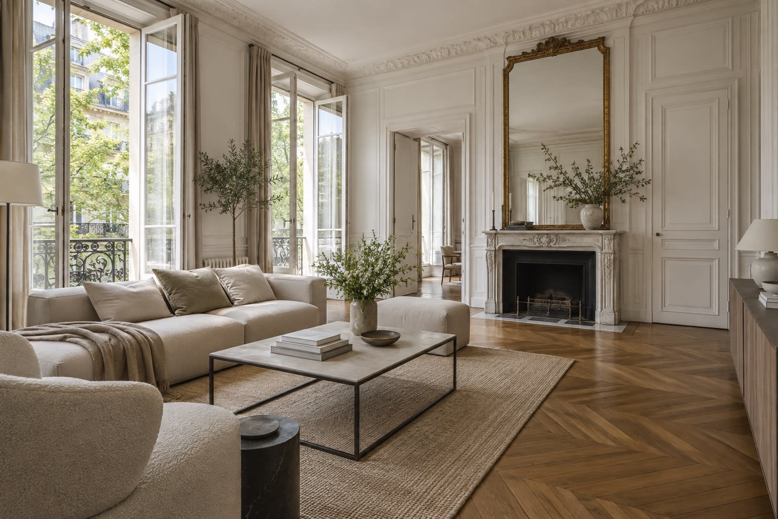 Séjour d'appartement ancien rénové : parquet à chevrons, moulures et cheminée de marbre.