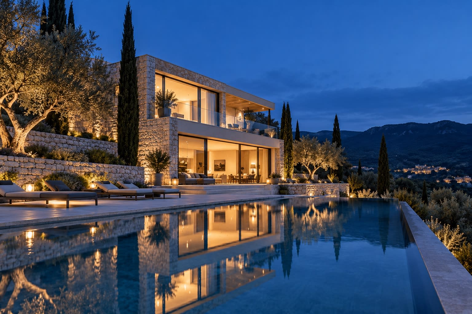 Villa contemporaine en pierre claire et piscine à débordement, à l'heure bleue.