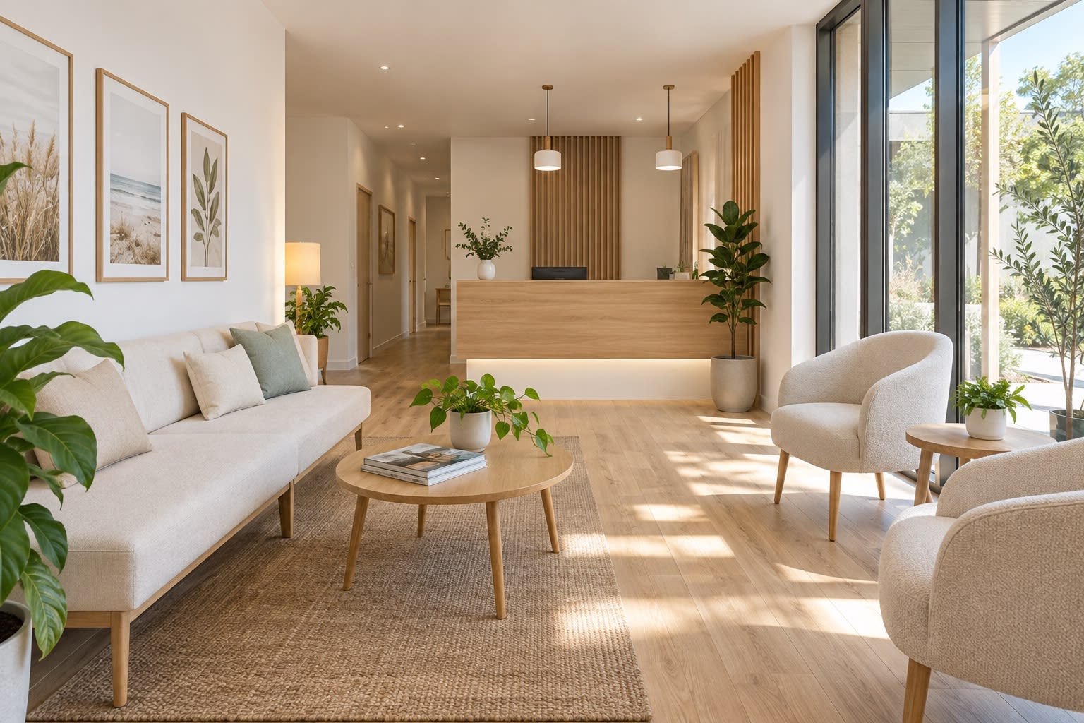 Accueil et salle d'attente, fauteuils écrus et comptoir en bois clair.