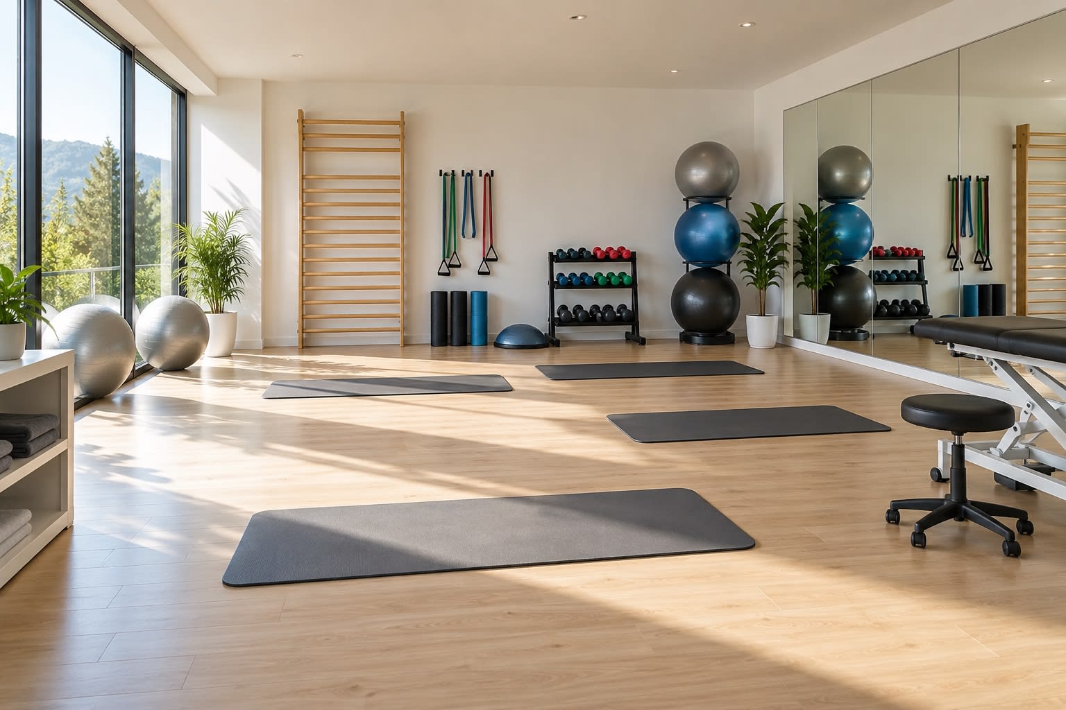 Plateau technique : espalier, tapis, ballons et miroir.
