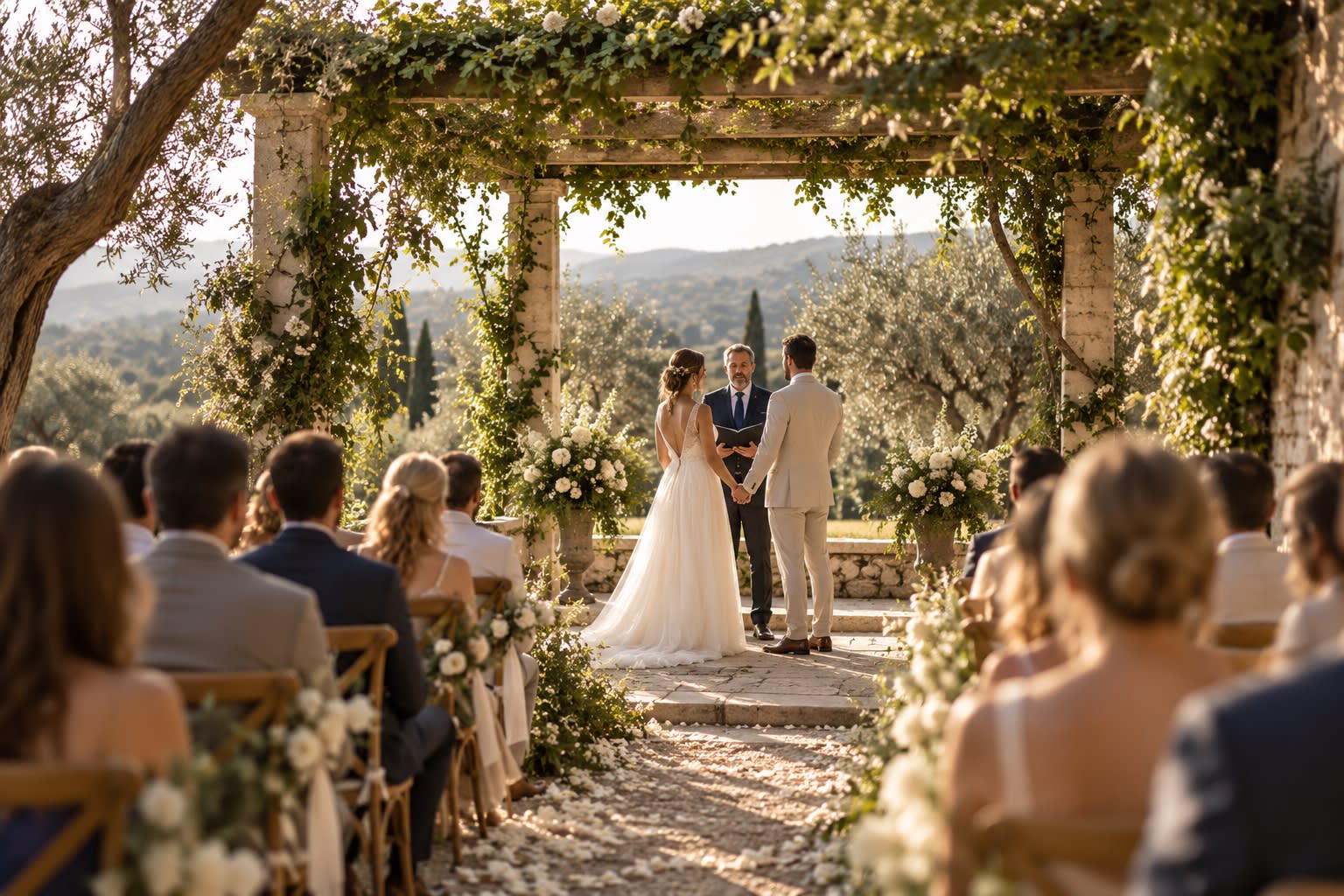 Cérémonie sous une pergola de pierre, les mariés face à face.